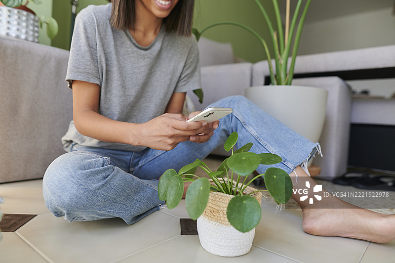 女人用智能手机拍摄家里的植物图片素材