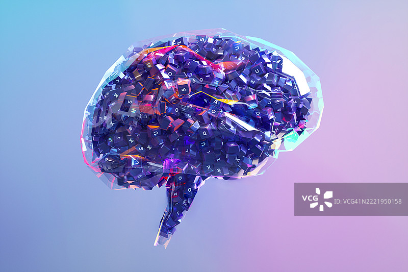 透明的大脑里装满了多个键盘。图片素材