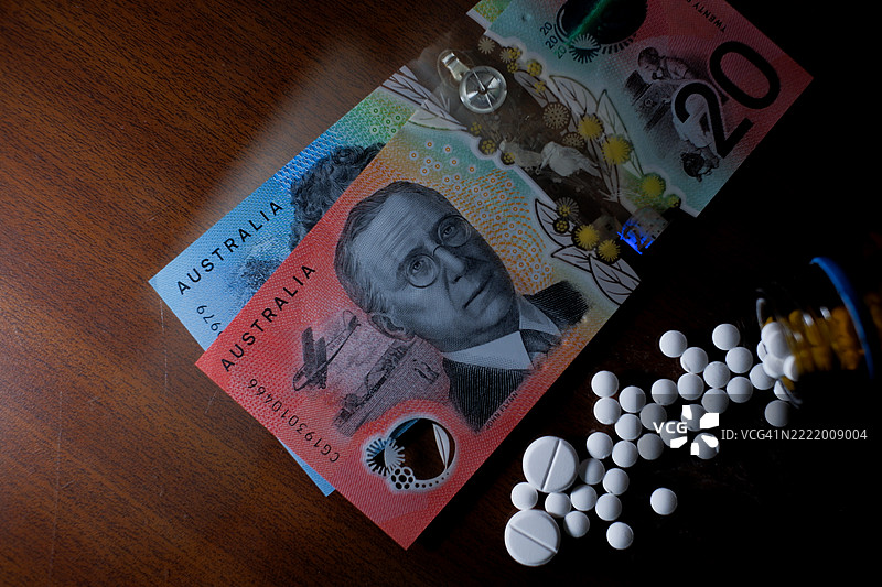 澳大利亚的医疗保健成本；美元与药物图片素材