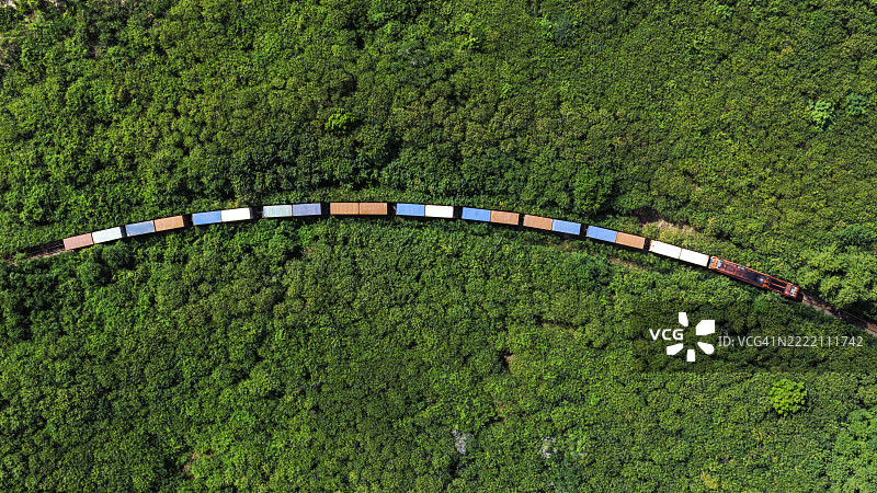 鸟瞰视角的货运列车穿过绿色森林。图片素材