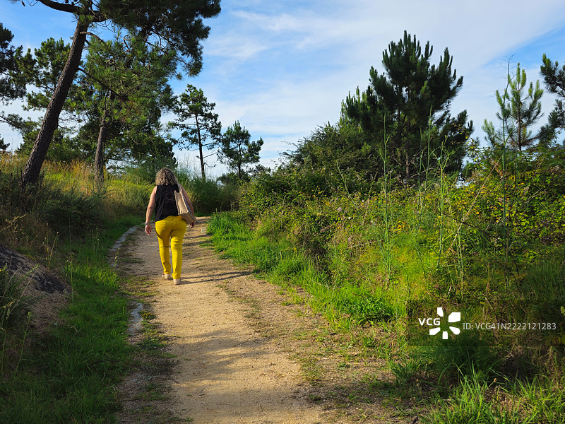 女人在森林小径上散步。图片素材