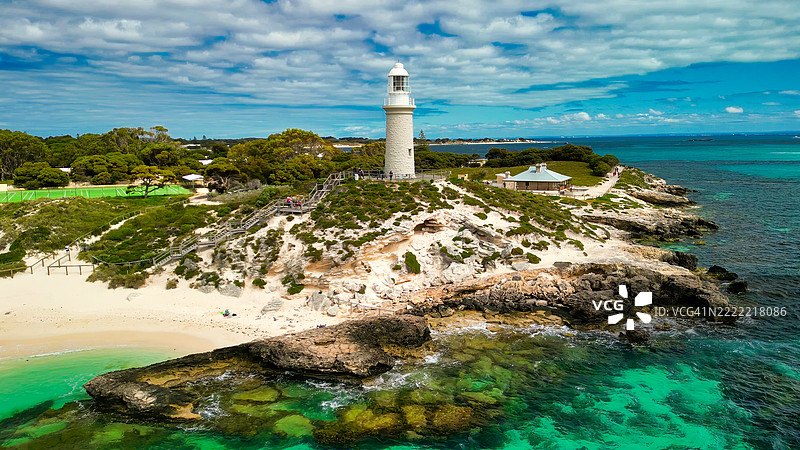 澳大利亚罗特尼斯特岛的巴瑟斯特灯塔鸟瞰图图片素材
