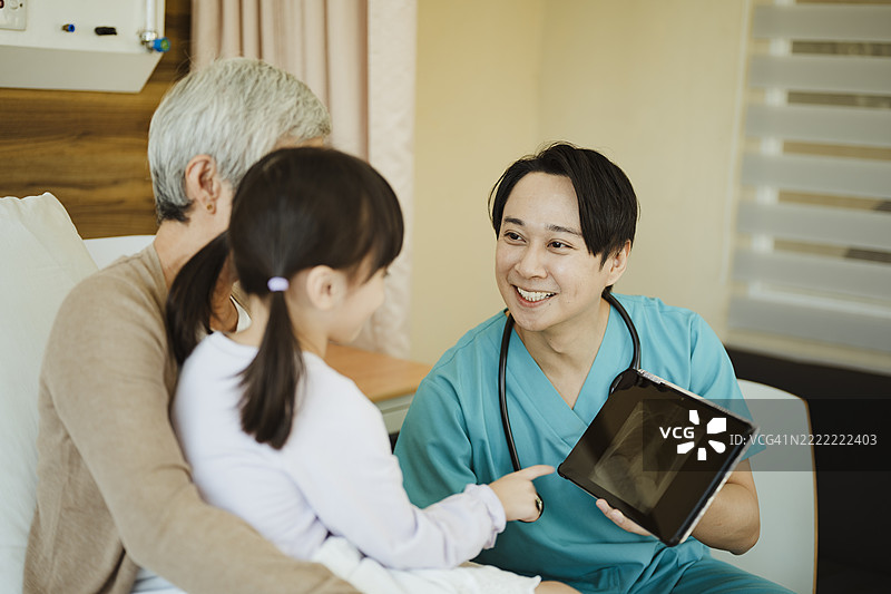 亚洲医生向患者解释胸部X光检查的肺部结果。图片素材