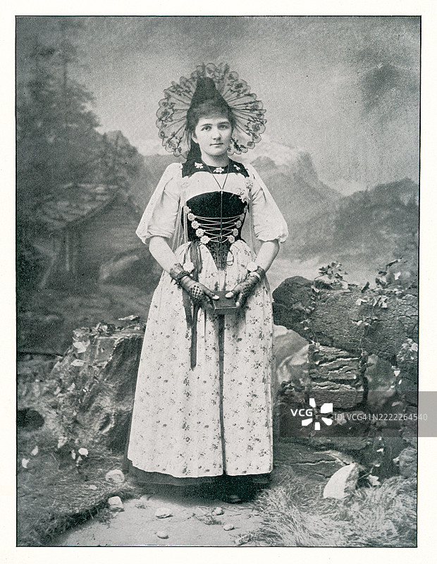 瑞士乡村女孩的古老雕刻插图图片素材