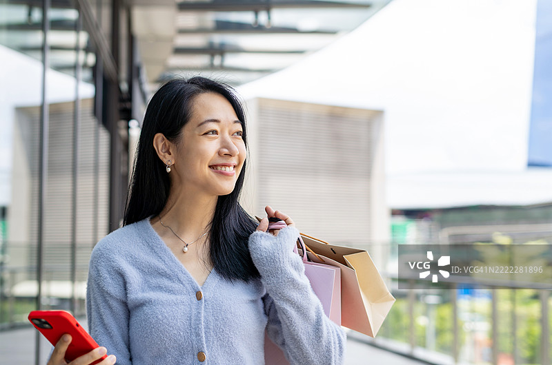 微笑着手拿购物袋的女人图片素材