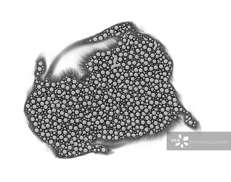 一滴奇怪的黑色液体，上面有小白色的细胞状气泡，背景为白色。图片素材