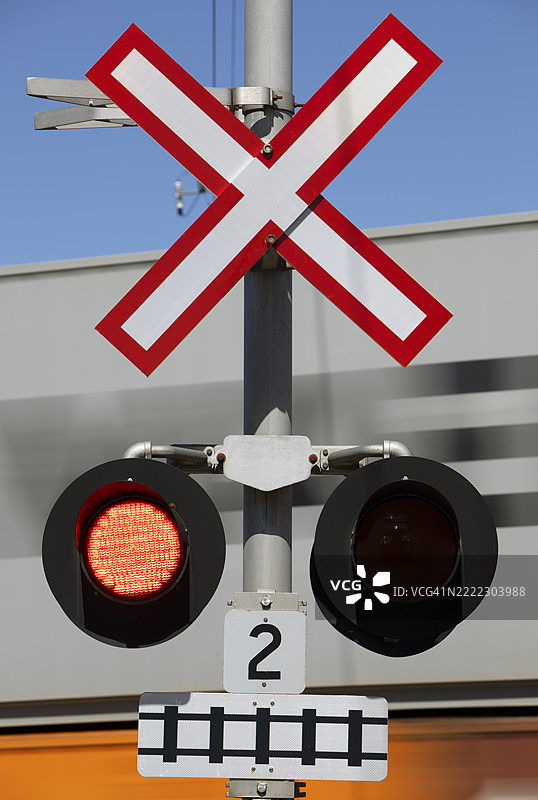 铁路道口信号与经过的火车图片素材