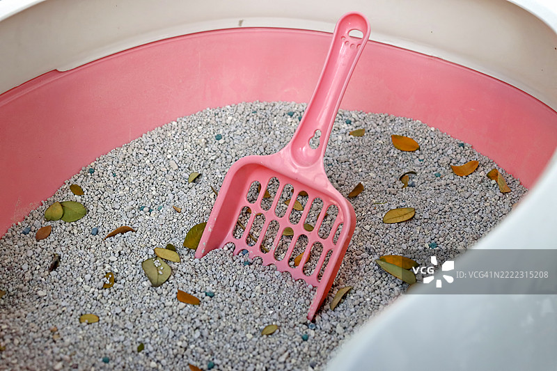 一个粉色铲子静静地放在猫砂箱里，周围散落着树叶。图片素材