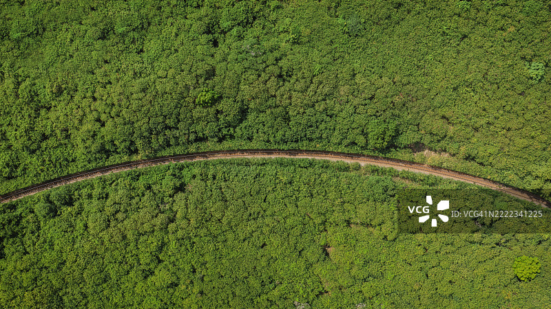 森林中弯曲的铁路轨道鸟瞰图。图片素材