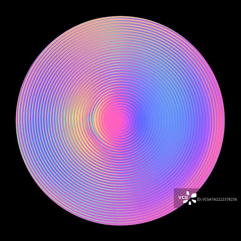 色彩斑斓的渐变圆形，带有催眠螺旋图案。黑色背景上，充满活力的圆形设计，呈现粉色、蓝色和紫色调的催眠渐变螺旋。图片素材