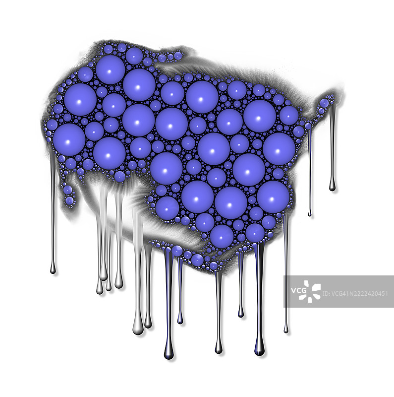 奇怪的黑色液体滴落，带有蓝色细胞状气泡，落在白色背景上。图片素材