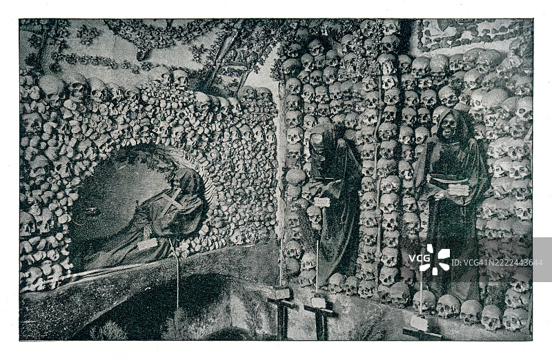 古老的雕刻插图，展示位于意大利罗马的圣玛利亚·德拉·孔切齐奥尼·德·卡普钦教堂下方的卡普钦地下墓穴（包含3700具被认为是卡普钦修士的骸骨，这些修士由他们的修会安葬）。图片素材