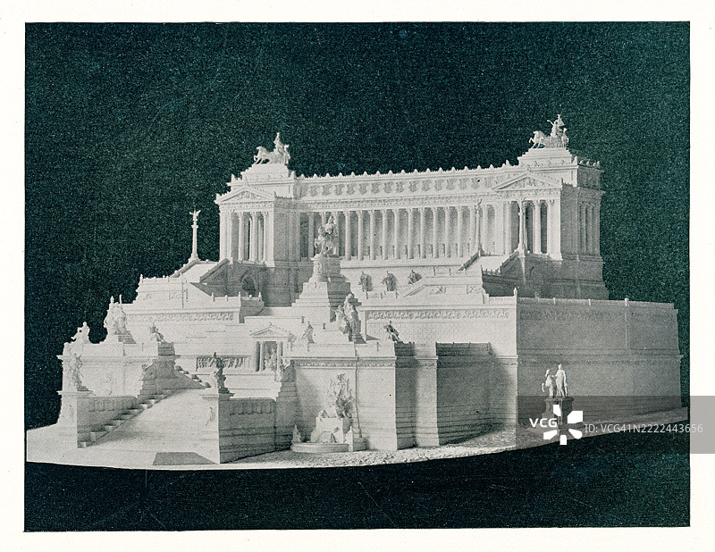 维克托·埃马努埃尔二世国家纪念碑的老版雕刻插图，这是一座大型国家纪念碑，建于1885年至1935年，旨在纪念维克托·埃马努埃尔二世，意大利统一后的第一位国王，位于意大利罗马。图片素材