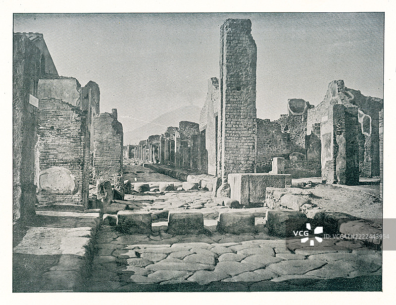 古老的雕刻插图，描绘了庞贝或庞贝城，意大利那不勒斯大都市区的一个城市和市镇（包含庞贝的古罗马遗址，联合国教科文组织世界遗产）图片素材