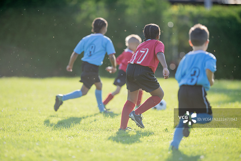 孩子们在阳光明媚的草地上踢足球图片素材