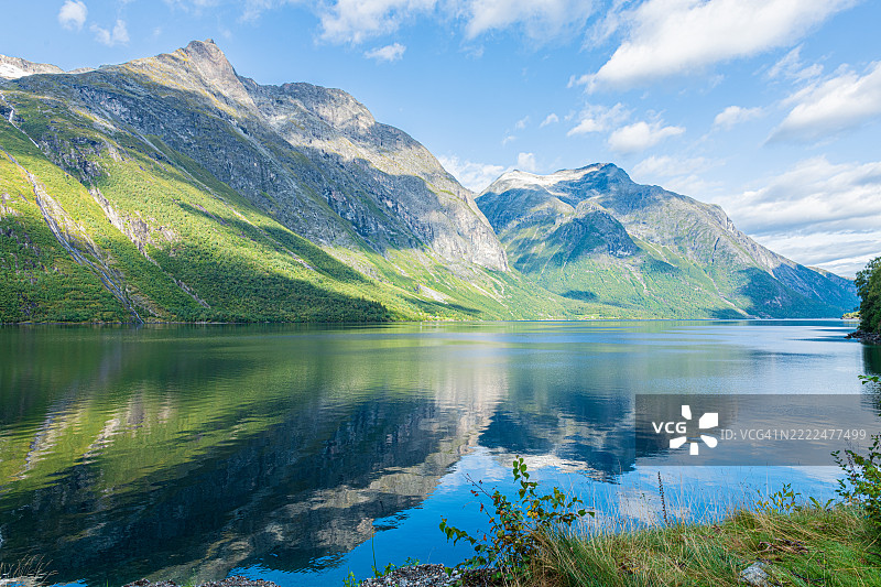 挪威湖泊与山脉的美丽风景与天空相映成趣图片素材