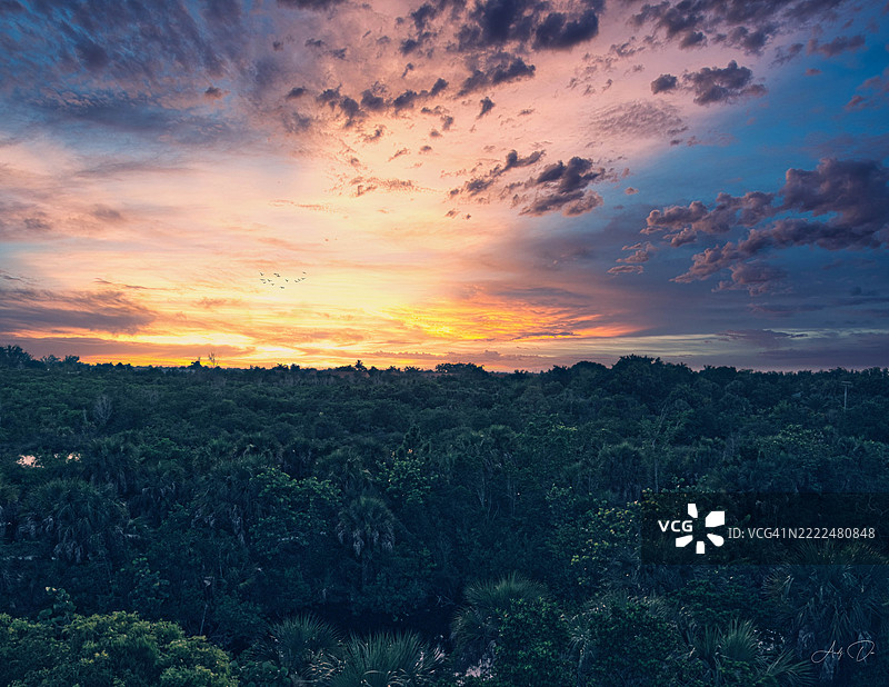 日落时分，佛罗里达州开普科勒尔的天空下的风景如画的景观图片素材