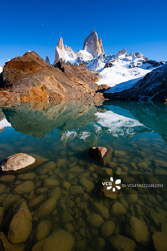 雪山与蓝天的美丽景色，菲茨罗伊山，圣克鲁斯，阿根廷图片素材