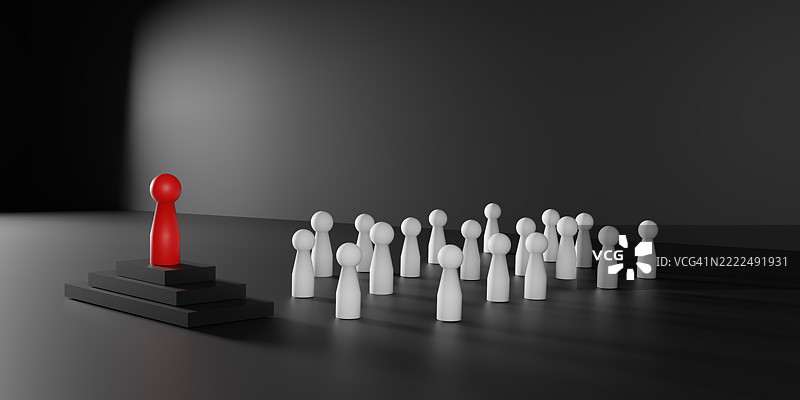 人力资源、成功与创新主题的3D领导力概念，红色木制人形站在讲台上，面前是白色人形，象征着领导力、人才管理和团队表现，泰国图片素材