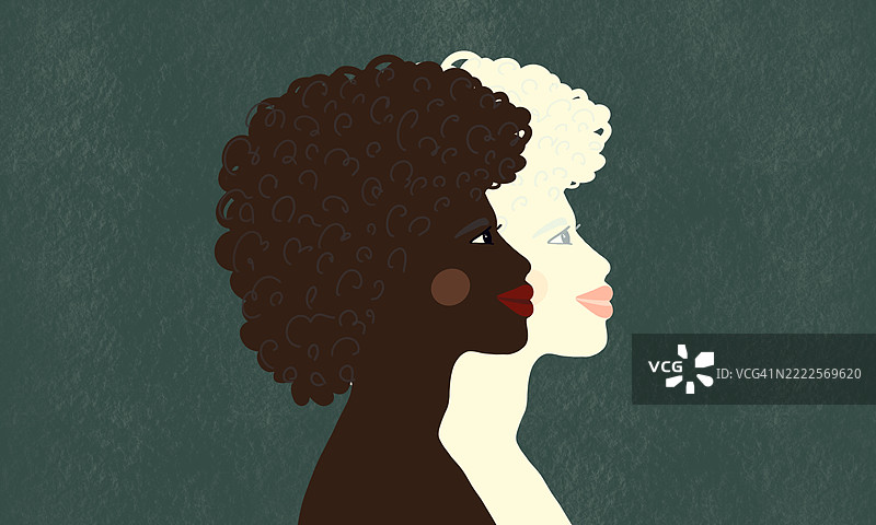 侧面描绘了一位卷发的黑人女性及其白色阴影，背景为深绿色的纹理。图片素材