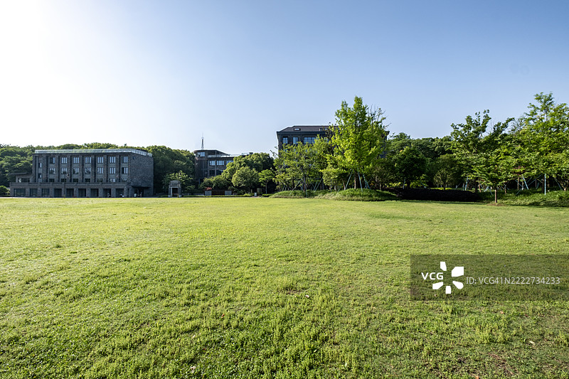 宽阔的草地与背景中的市政建筑图片素材