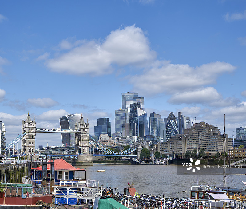 从泰晤士河南岸向西俯瞰伦敦市，英格兰，英国的全景。图片素材