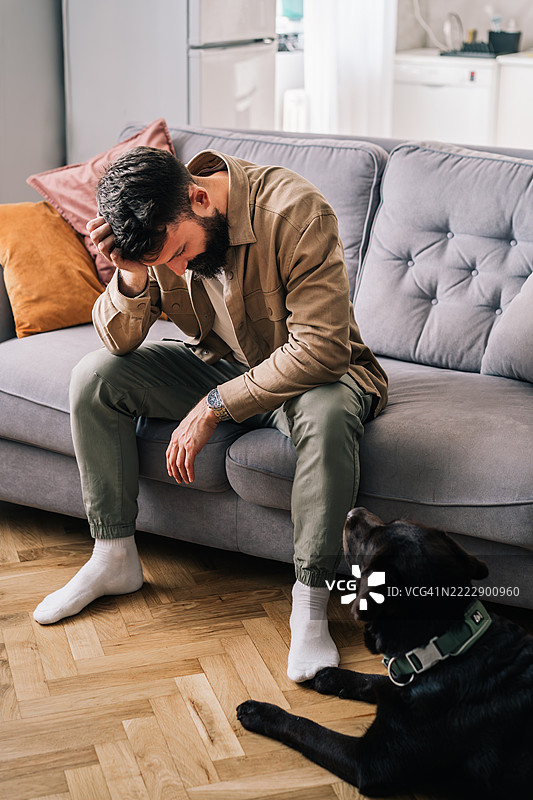 一位留着胡子的男人坐在灰色沙发上，手托着头，神情沉思，旁边一只黑色拉布拉多犬正看着他。图片素材