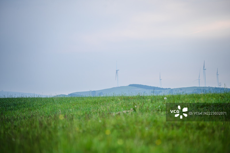 辽阔的绿色草地与地平线上的风力发电机图片素材