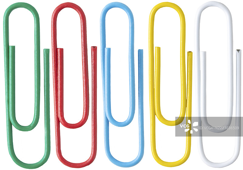 多色回形针，白色背景，孤立展示图片素材