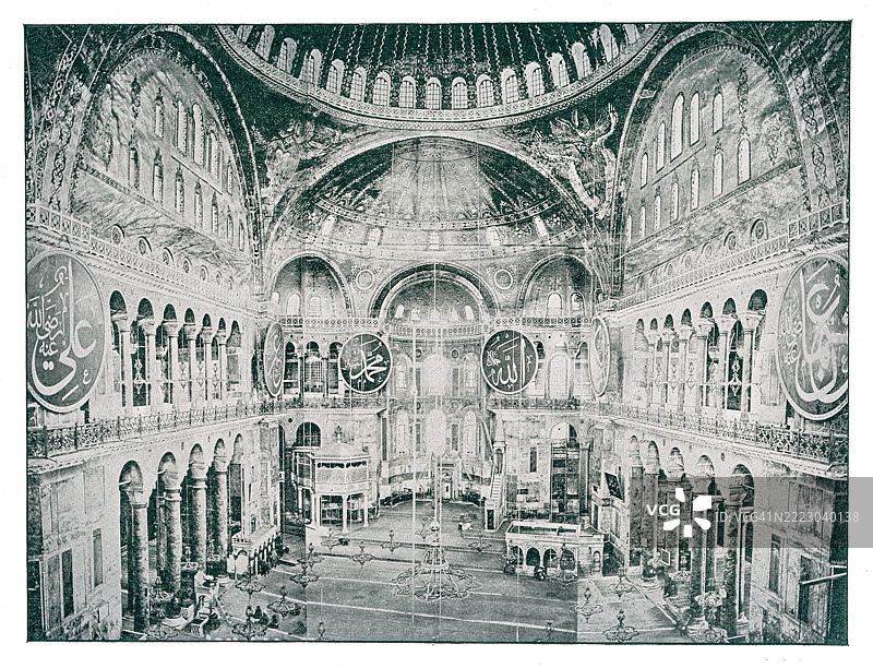 古老的雕刻插图，描绘了君士坦丁堡圣索非亚大教堂的内部图片素材