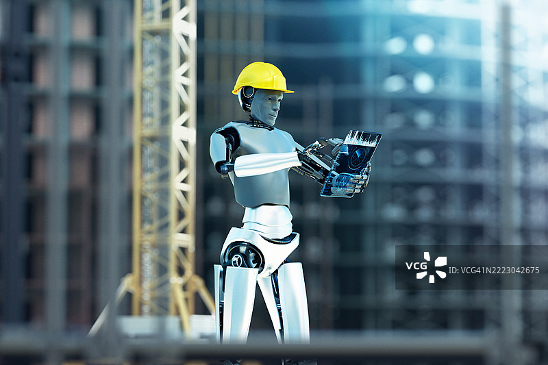 未来派显示屏的人工智能机器人施工监督员图片素材