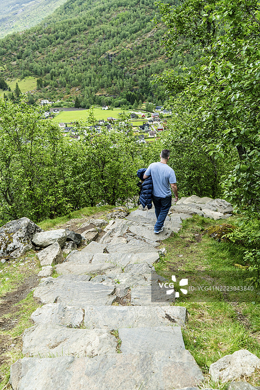 从俯瞰弗拉姆村的观景点走下石阶小径的人图片素材