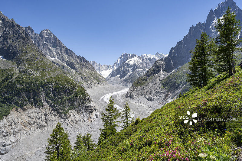 风景如画的山脉景观,巍峨的山峰和冰川,北大阳台,梅尔德冰川舌,后方的格朗德乔拉斯,勃朗峰山脉,蒙特维尔,霞慕尼,阿尔卑斯山,法国,欧洲图片素材