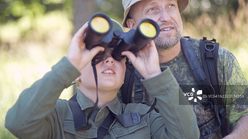 父子一起背包穿越绿色夏季森林，树木和高草环绕。家庭鸟类观察冒险。近距离使用望远镜观察鸟类。图片素材