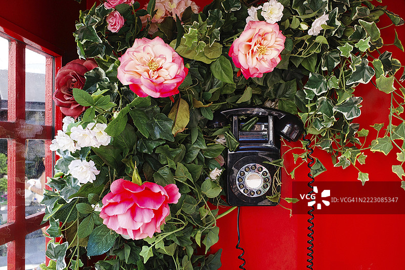 复古电话与花卉装饰的旧红色电话亭，位于荷兰林堡省的罗ermond。图片素材
