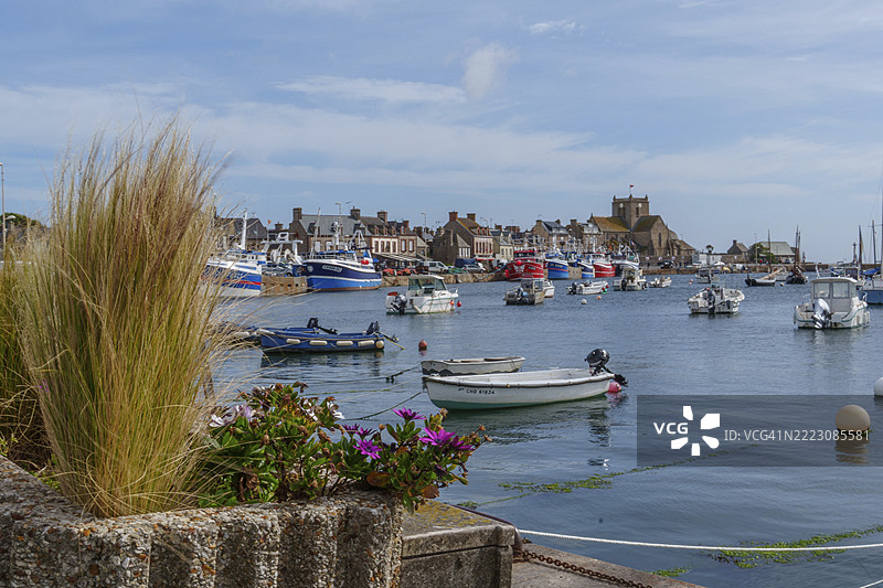 前景是草地，宁静的港口里满是船只和历史建筑，巴尔弗尔，诺曼底，法国，欧洲图片素材
