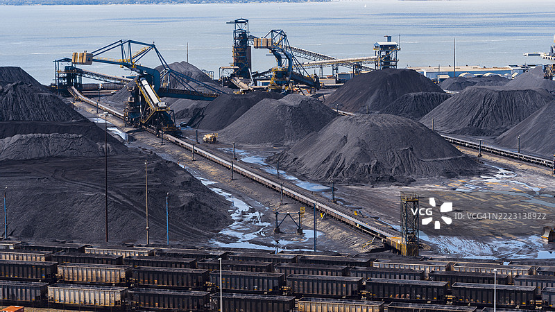 纽波特纽斯，弗吉尼亚州港口碳排放上限：煤炭码头的负责任煤炭货物。码头沿铁路轨道的矿石堆积。鸟瞰图图片素材
