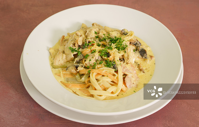 鸡肉培根蘑菇宽面条。图片素材