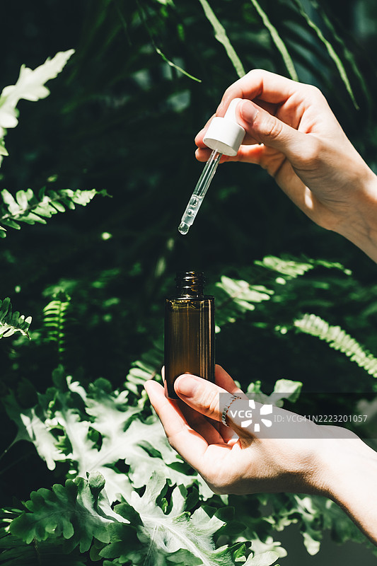 手握玻璃滴管和棕色玻璃瓶，背景是明亮的蕨类植物。图片素材