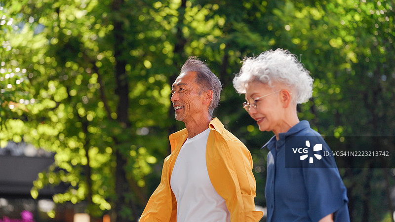 老年夫妇在绿色城市中享受散步。图片素材