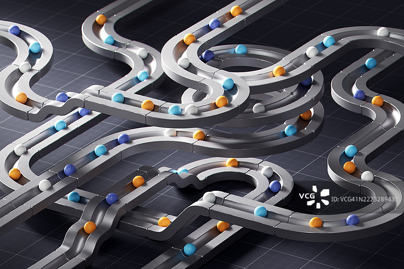 复杂的互联轨道网络运输着五彩缤纷的球体，象征着数据流动和金融交易。图片素材