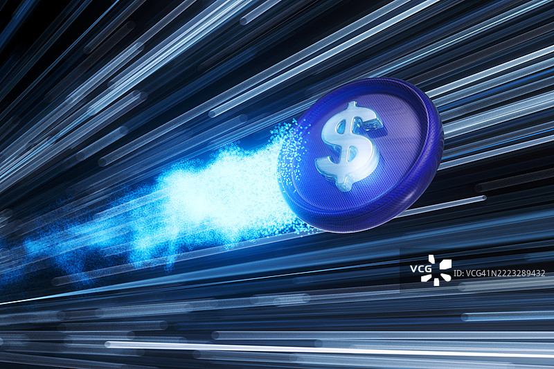 美元硬币在网络空间中加速，留下蓝色轨迹图片素材