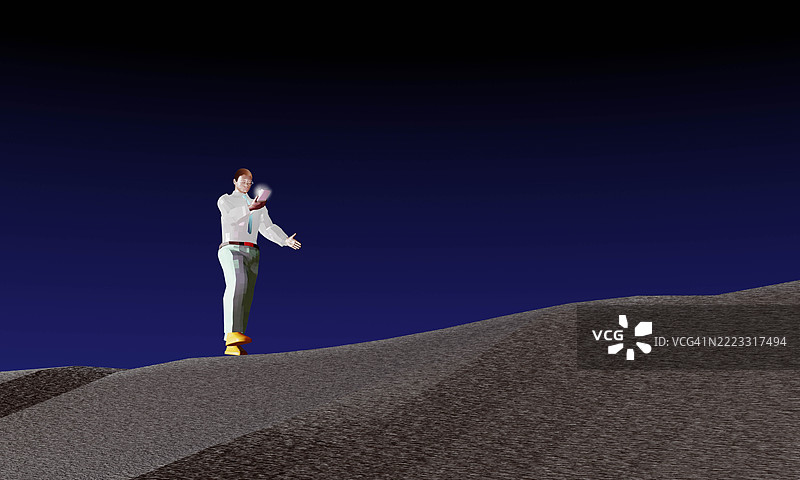 一位黑人男性商人在虚拟荒野中使用智能手机寻找出口图片素材