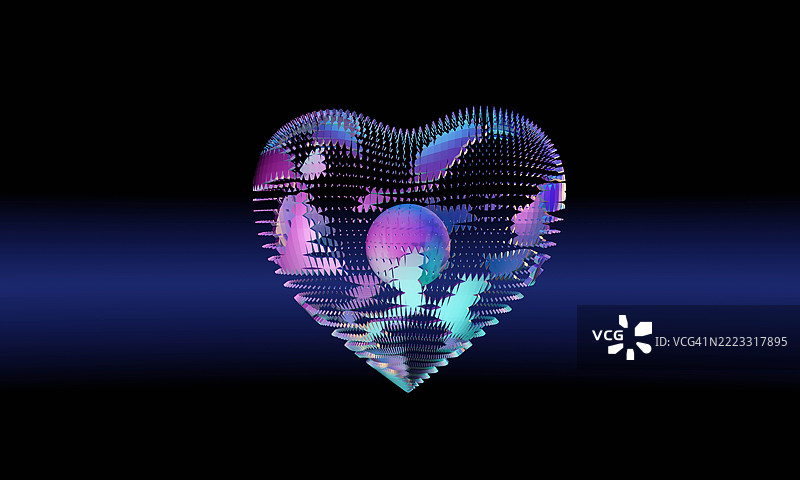 彩色网格和圆形核心的3D心形图案图片素材
