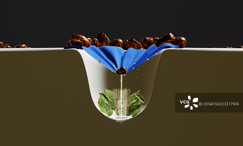 在地上挖一个洞，放入一些树叶，盖上塑料膜，然后装满一杯水。图片素材