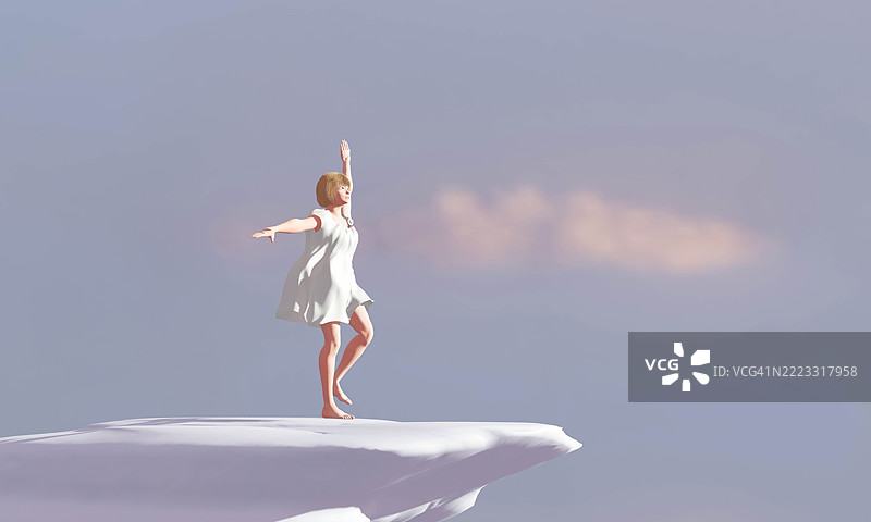 一个穿着白色裙子的女孩在白色岩石山顶上跳舞图片素材