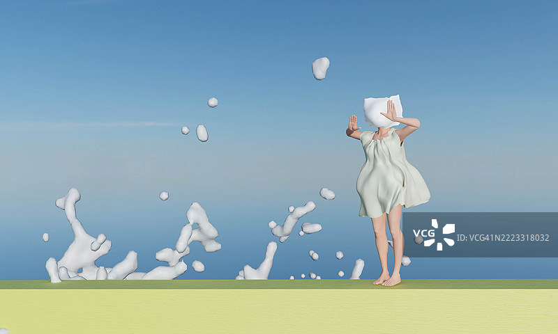 一个穿着白色裙子的女孩走在黄色的堤岸上，海浪拍打着岸边。白色塑料纸粘在女孩的脸上。图片素材