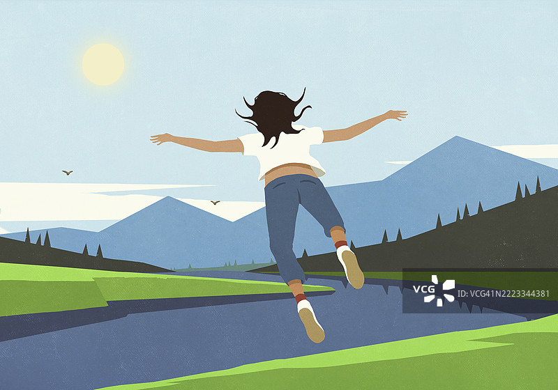 无忧无虑的女人在梦中遨游，飞越宁静阳光明媚的山间河流图片素材