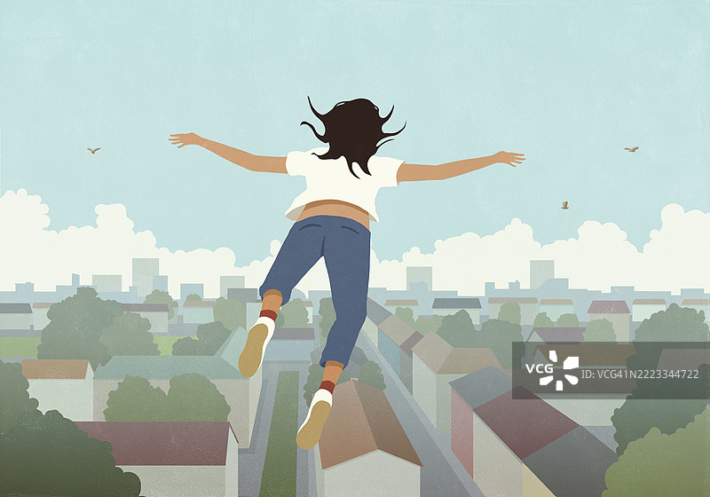 女人在做白日梦，飞越房屋屋顶图片素材