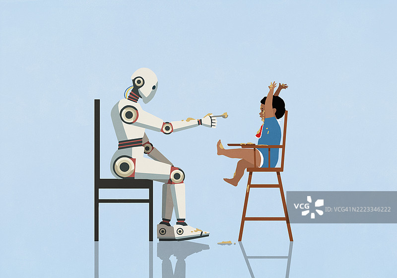 人形机器人在高脚椅上喂食双手举起的脏乱小男孩图片素材